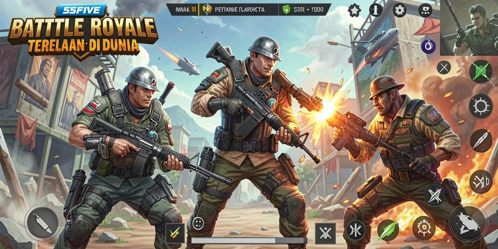 Gameplay seru dari 55FIVE dalam pertempuran Battle Royale.
