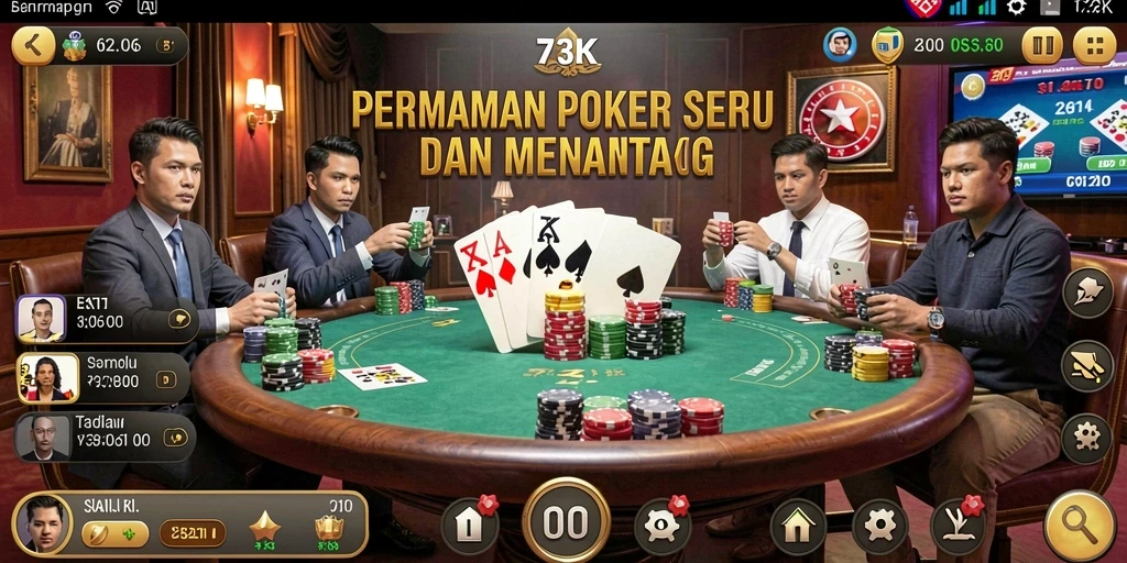 Tampilan gameplay utama 73K dengan suasana poker yang autentik.