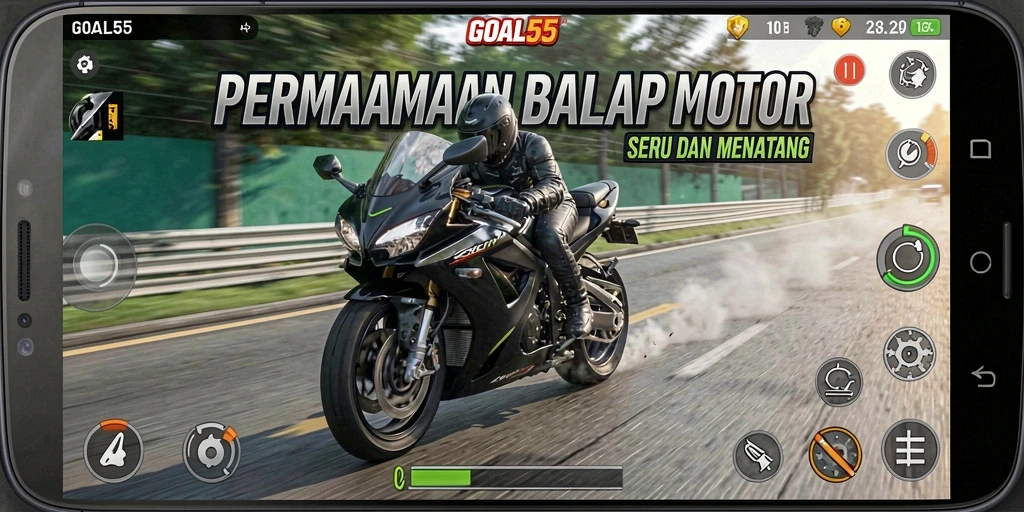 Screenshot utama GOAL55 menampilkan aksi balapan motor yang mendebarkan.