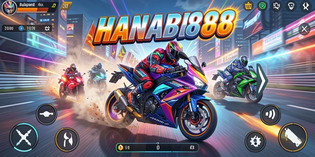 Tangkapan layar gameplay <strong>HANABI88</strong> menunjukkan aksi balapan motor yang mendebarkan.