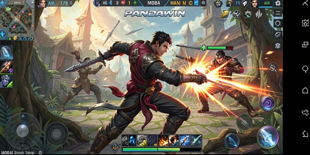 Tangkapan layar gameplay PANDAWIN yang menunjukkan karakter dalam aksi.