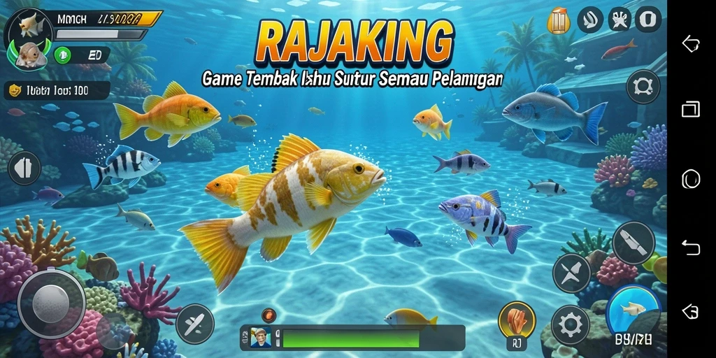 Screenshot utama menampilkan gameplay seru dalam RAJAKING, Tembak Ikan.