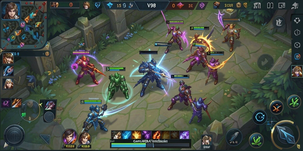 Screenshot gameplay V98 menampilkan aksi seru dalam pertempuran MOBA.